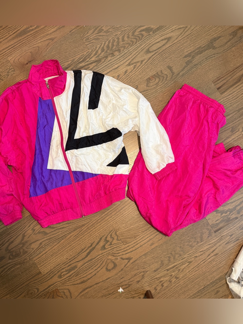 VTG 80s 90s Windbreaker Zip Jacket Pant Set Women L Multicolor High Rise Retro